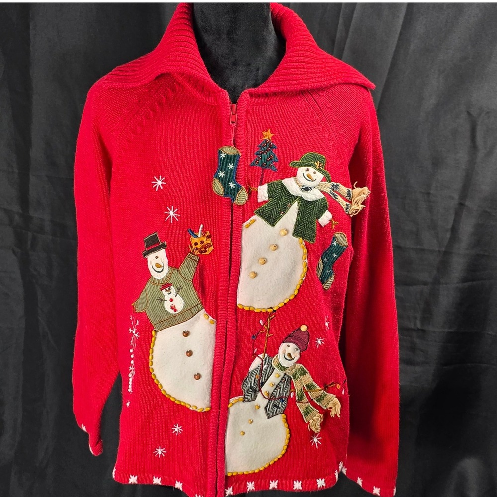 Tiara International Christmas Snowman Cardigan Sweater Womens Large Vintage
